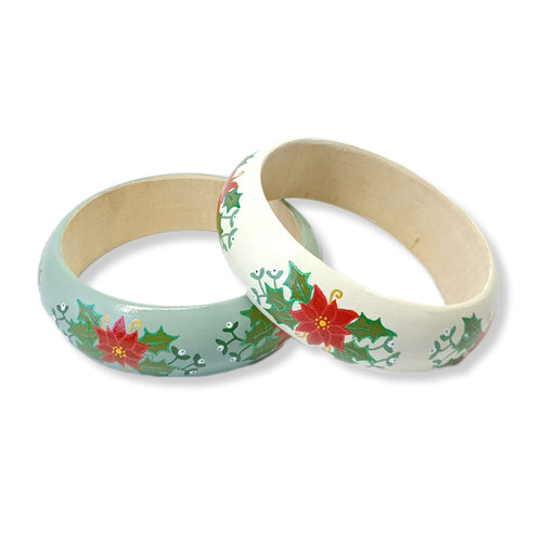 Wood Bangle - Poinsettia wreath design - 2 colour options